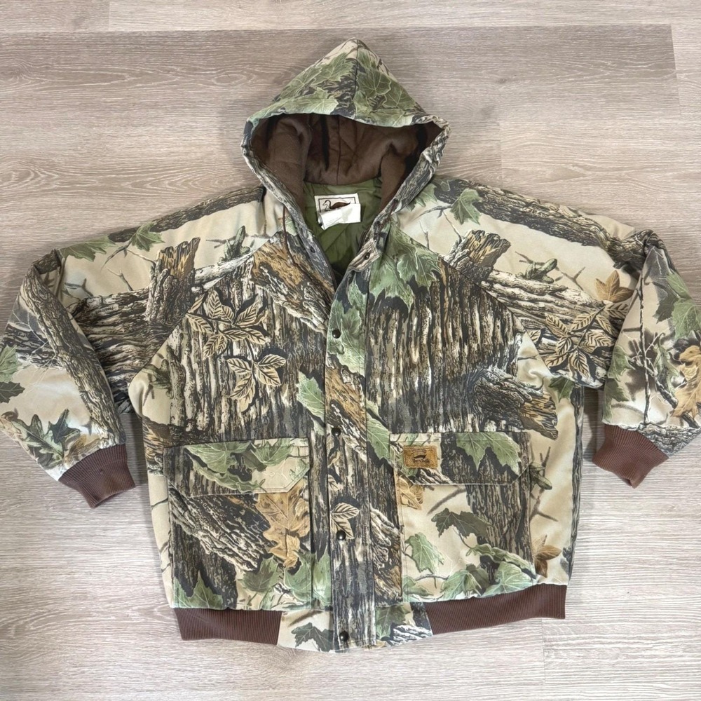 Vtg Duxbak Hooded Jacket Mens 2XL Realtree Camo Insulated Bomber Hunting Coat